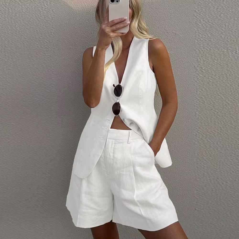 Elegant White High Waist Linen Women's Shorts Set